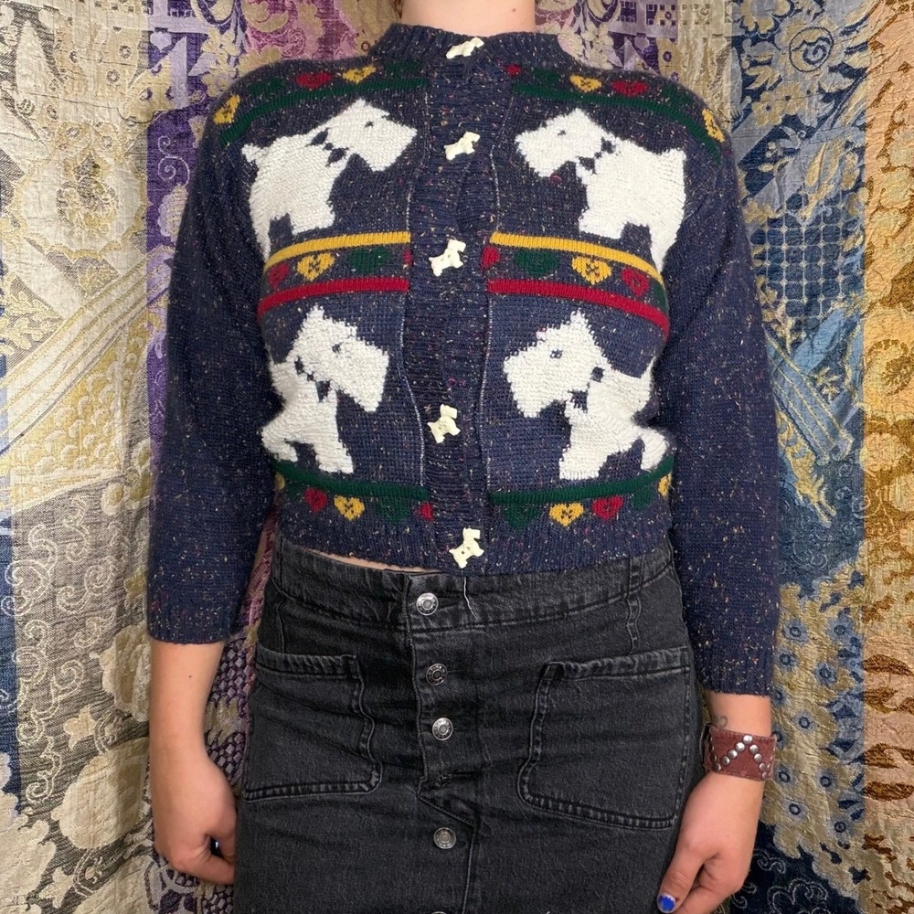Vintage Blue Marbled Scottie Cottage Preppy Novelty Cardigan Sweater Size XS